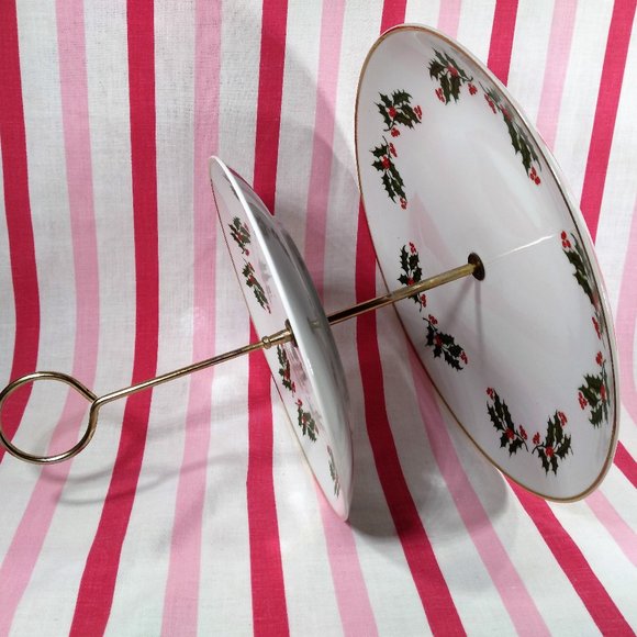 Lovely Mid Century Holly Berry 2 Tier Ceramic Plate Tid Bit Holiday Server Japan - Picture 10 of 13